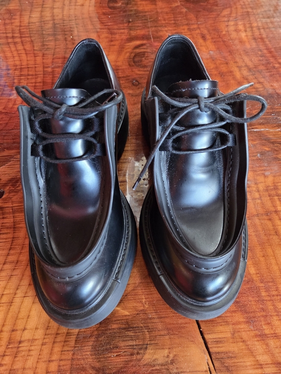 Prada Shoes - PRADA Diapason Black Opague Brushed Leather Lace-up Loafers